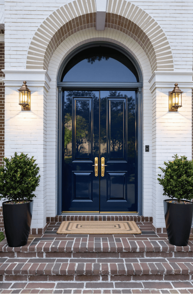 a blue front door with two planters on the steps