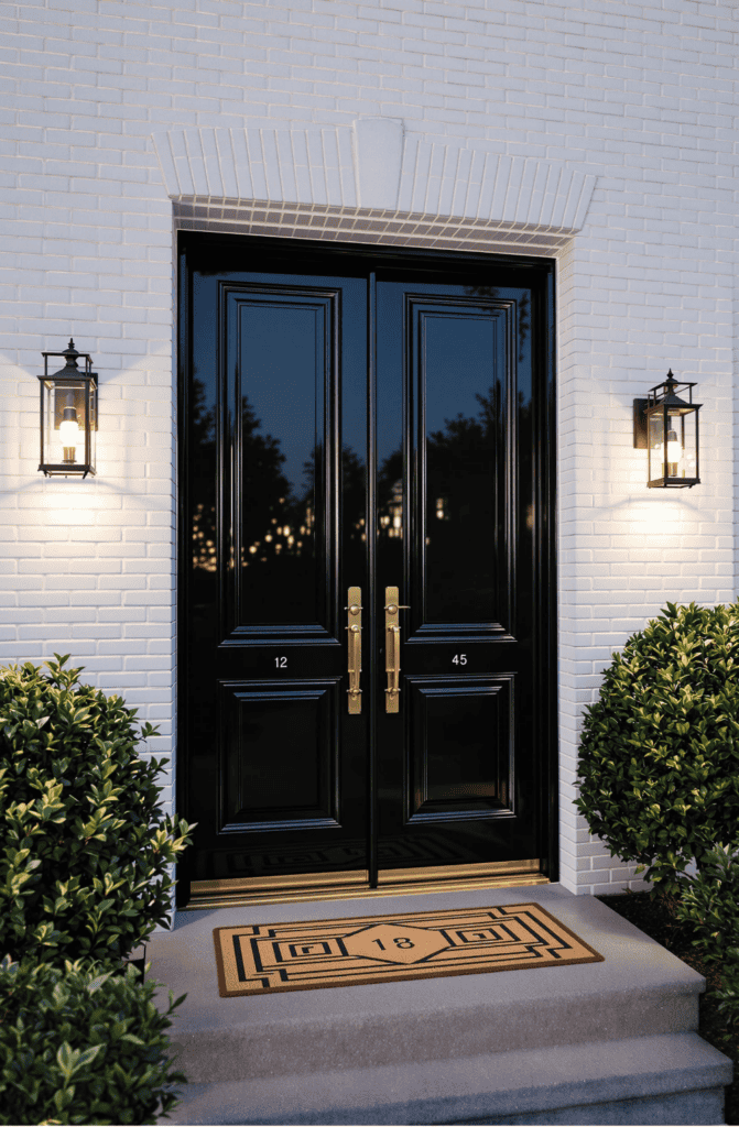 a black front door with two lights and a welcome mat