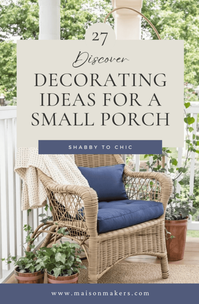 a wicker chair on a porch with a blue cushion