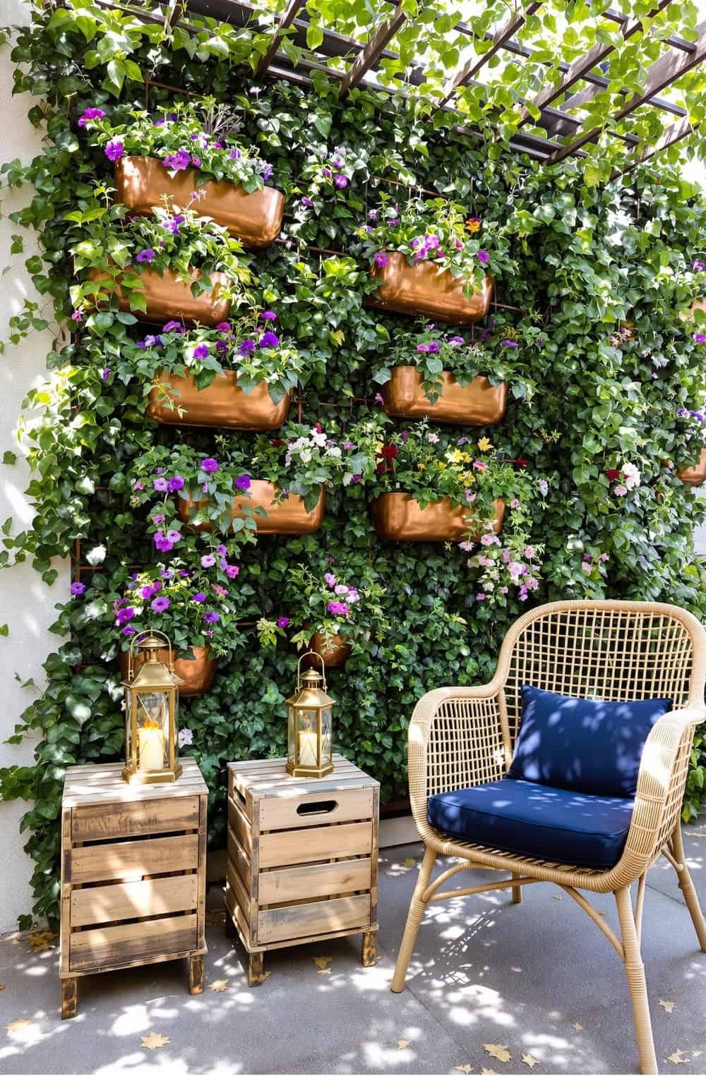 a chair and a table sitting in front of a green wall