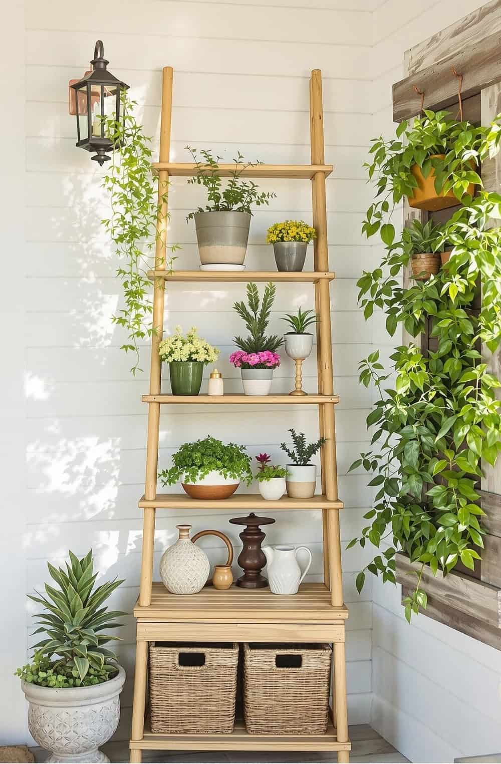 a wooden shelf filled with potted plants next to a window