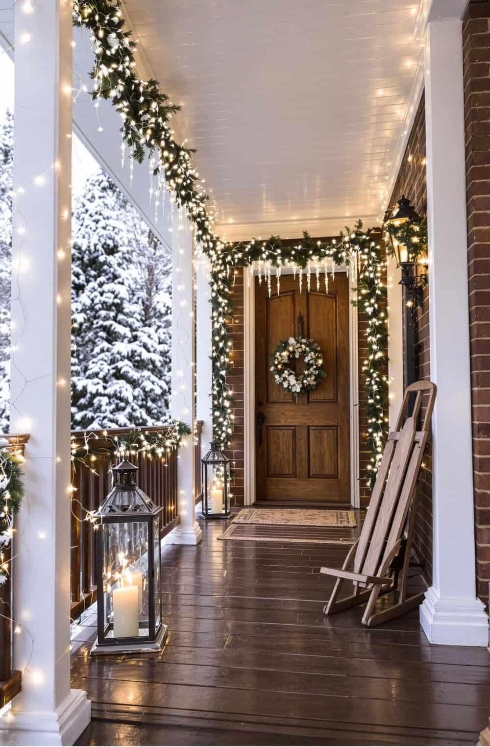 a porch decorated with christmas lights and wreaths