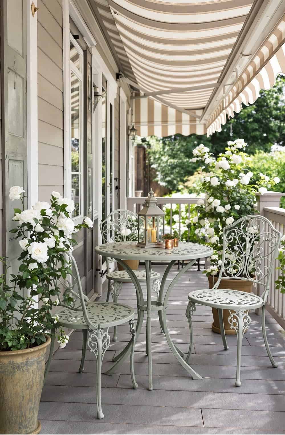 a table and chairs on a porch with a striped awning