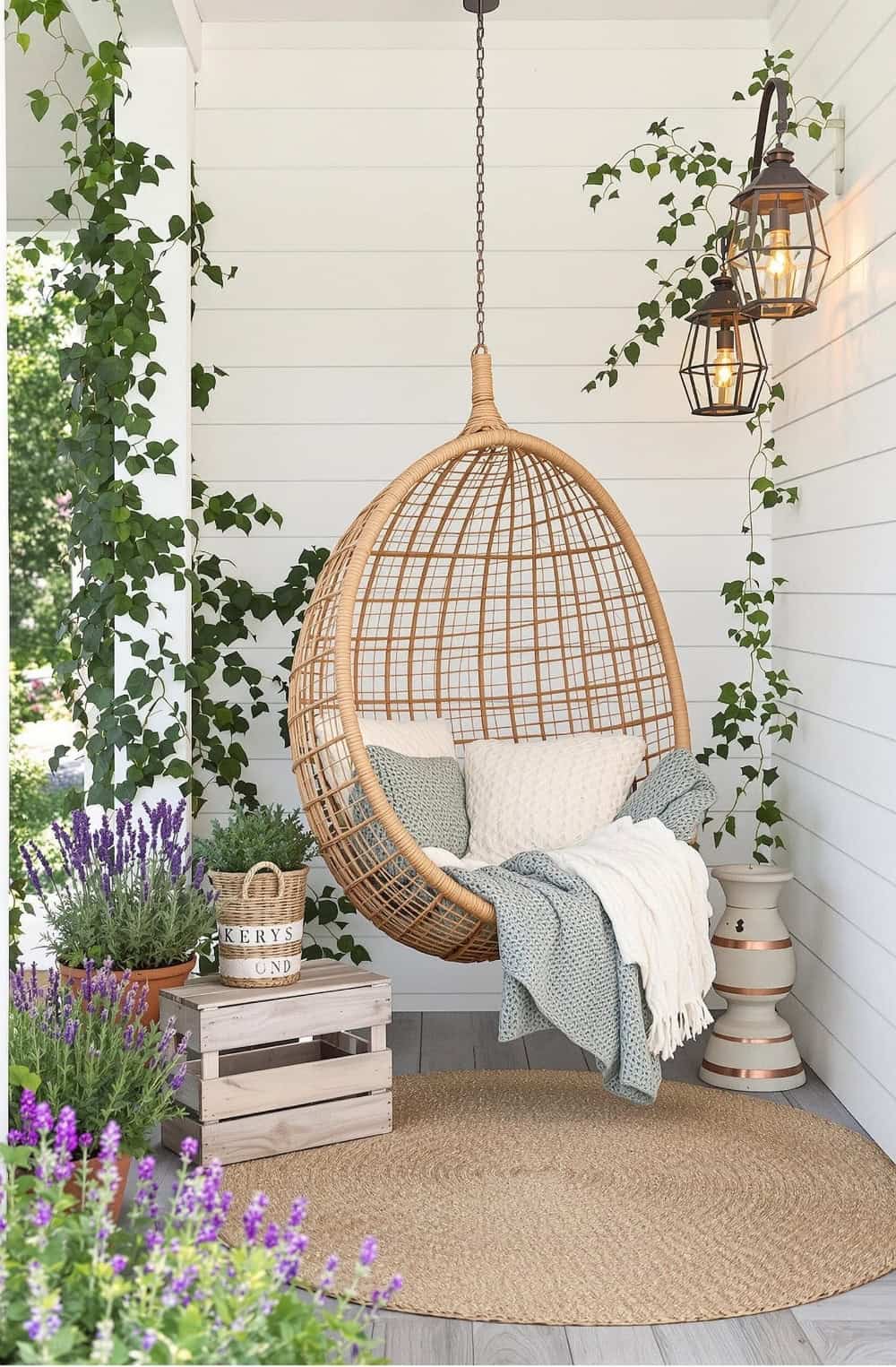 a hanging chair on a porch next to a bed