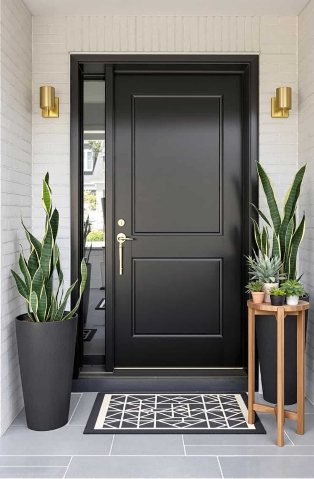 a black front door with two potted plants