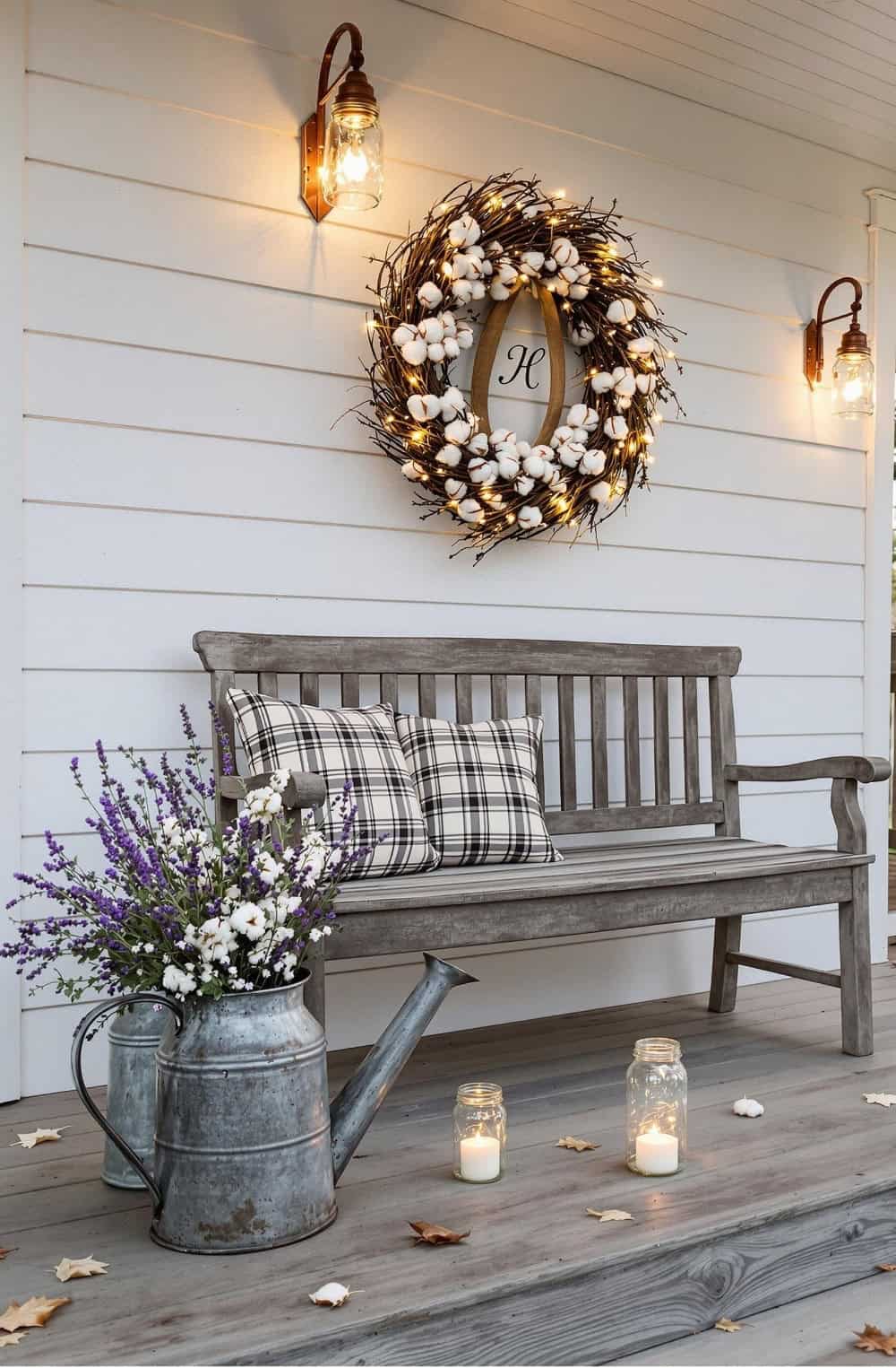 a wooden bench sitting on a porch next to a wreath