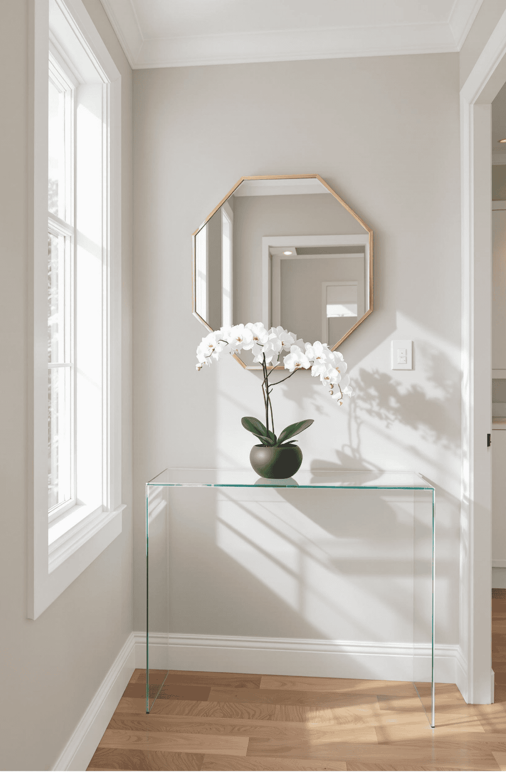 a vase with flowers on a glass table