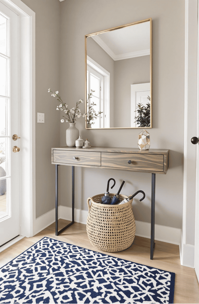 a room with a table and a mirror