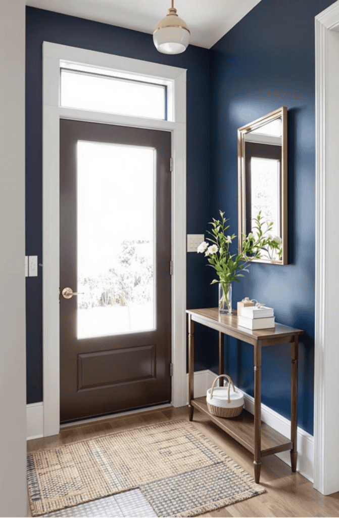 a hallway with blue walls and a brown door