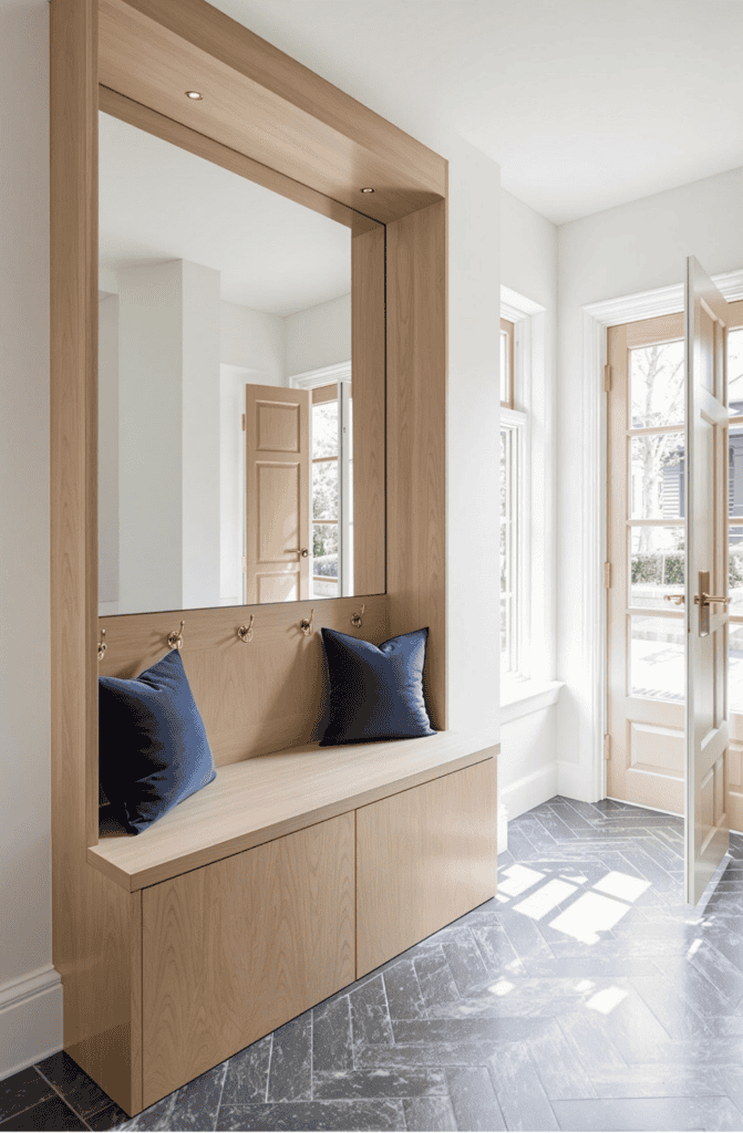 a room with a large mirror and a bench