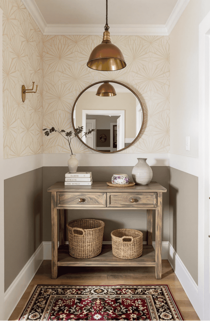 a hallway with a mirror and a table with baskets on it