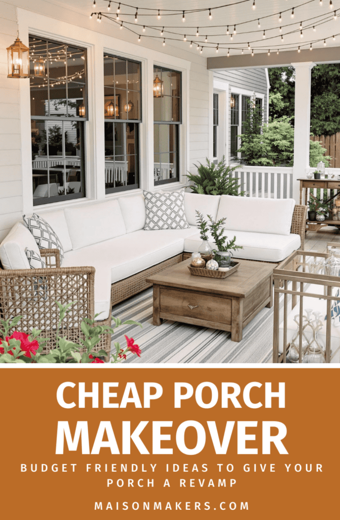 a porch with white furniture and string lights