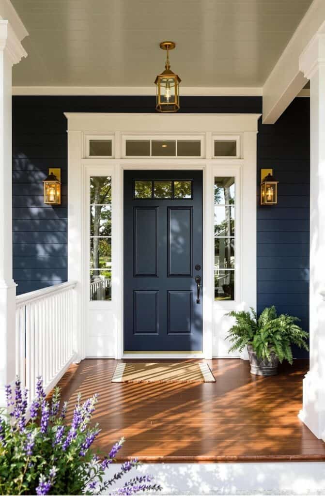 a blue front door on a white house