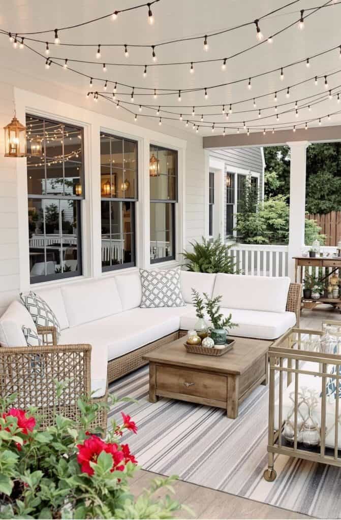 a white couch sitting on top of a wooden table