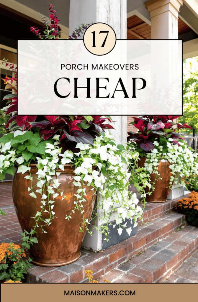 a porch with potted plants and a sign that says porch makeovers cheap