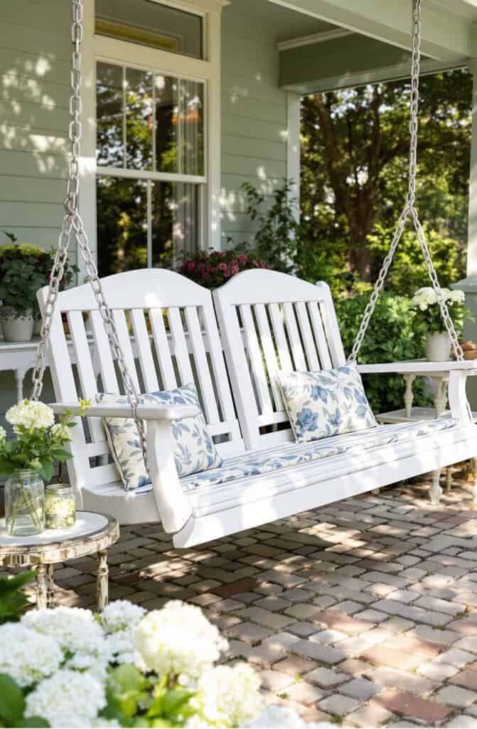 a white porch swing with blue and white pillows