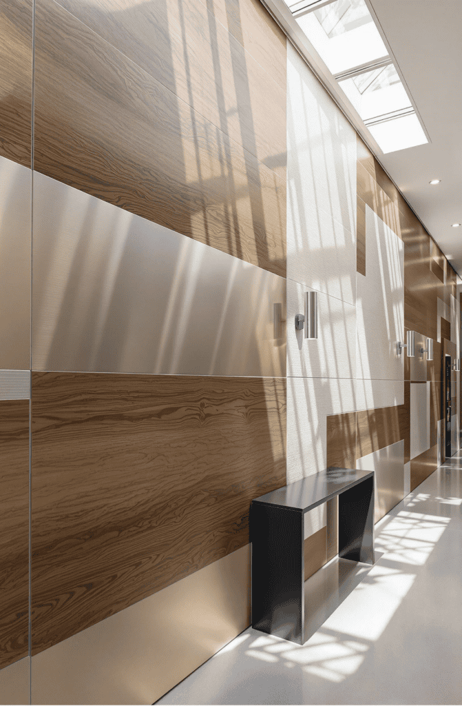 a hallway with a bench and a skylight