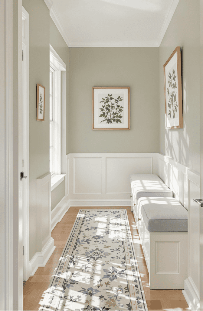 a hallway with a bench and a rug on the floor