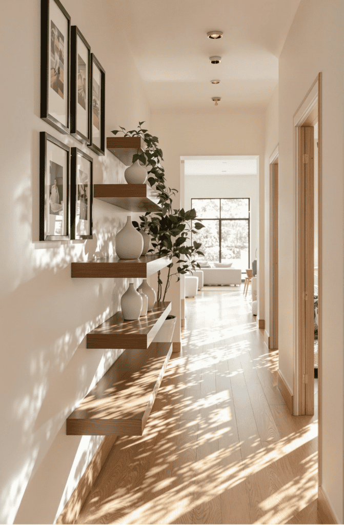 a long hallway with a potted plant and pictures on the wall