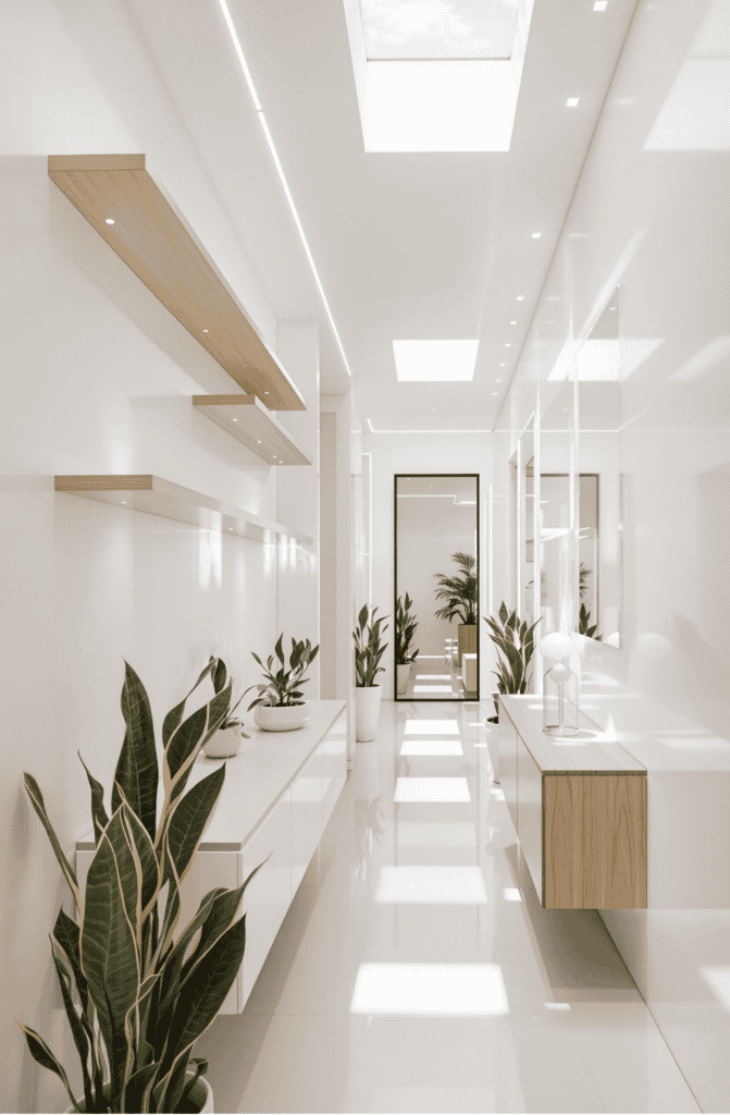 a long white hallway with plants and a skylight