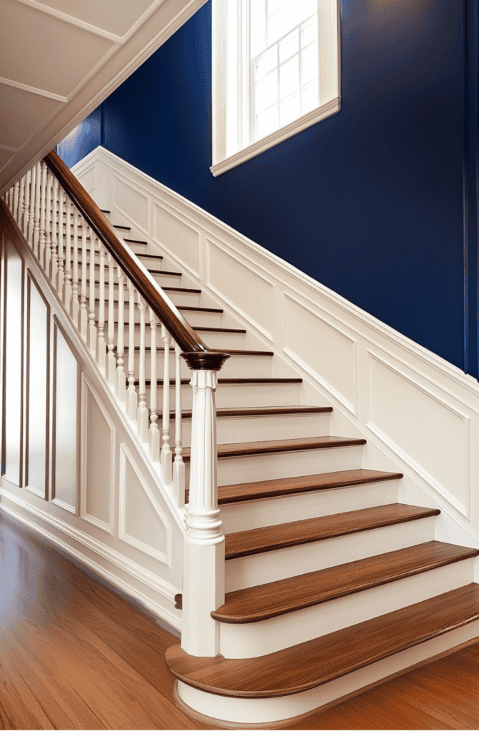 a white staircase with blue walls and wooden floors