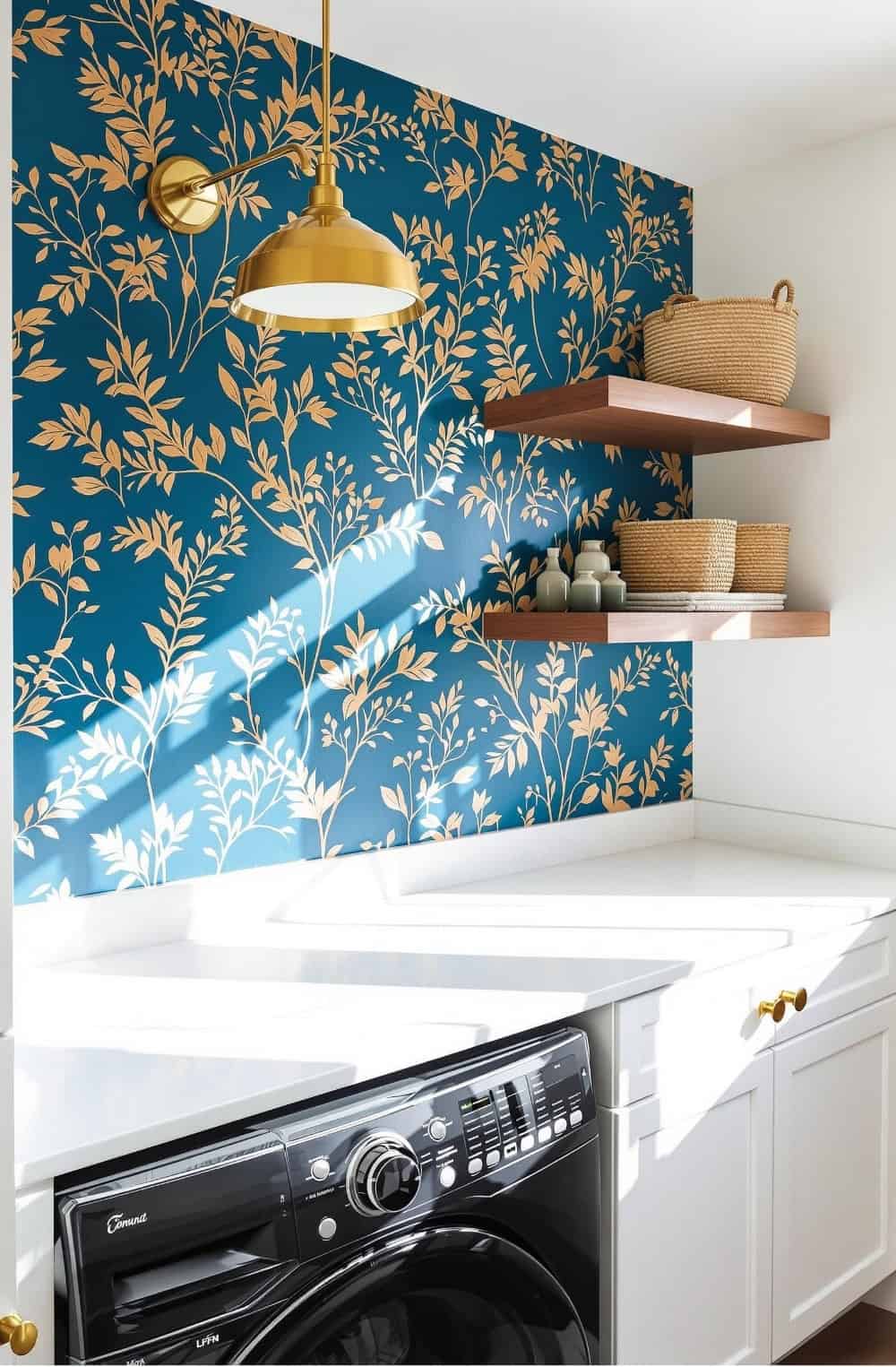 a washer and dryer in a room with blue wallpaper