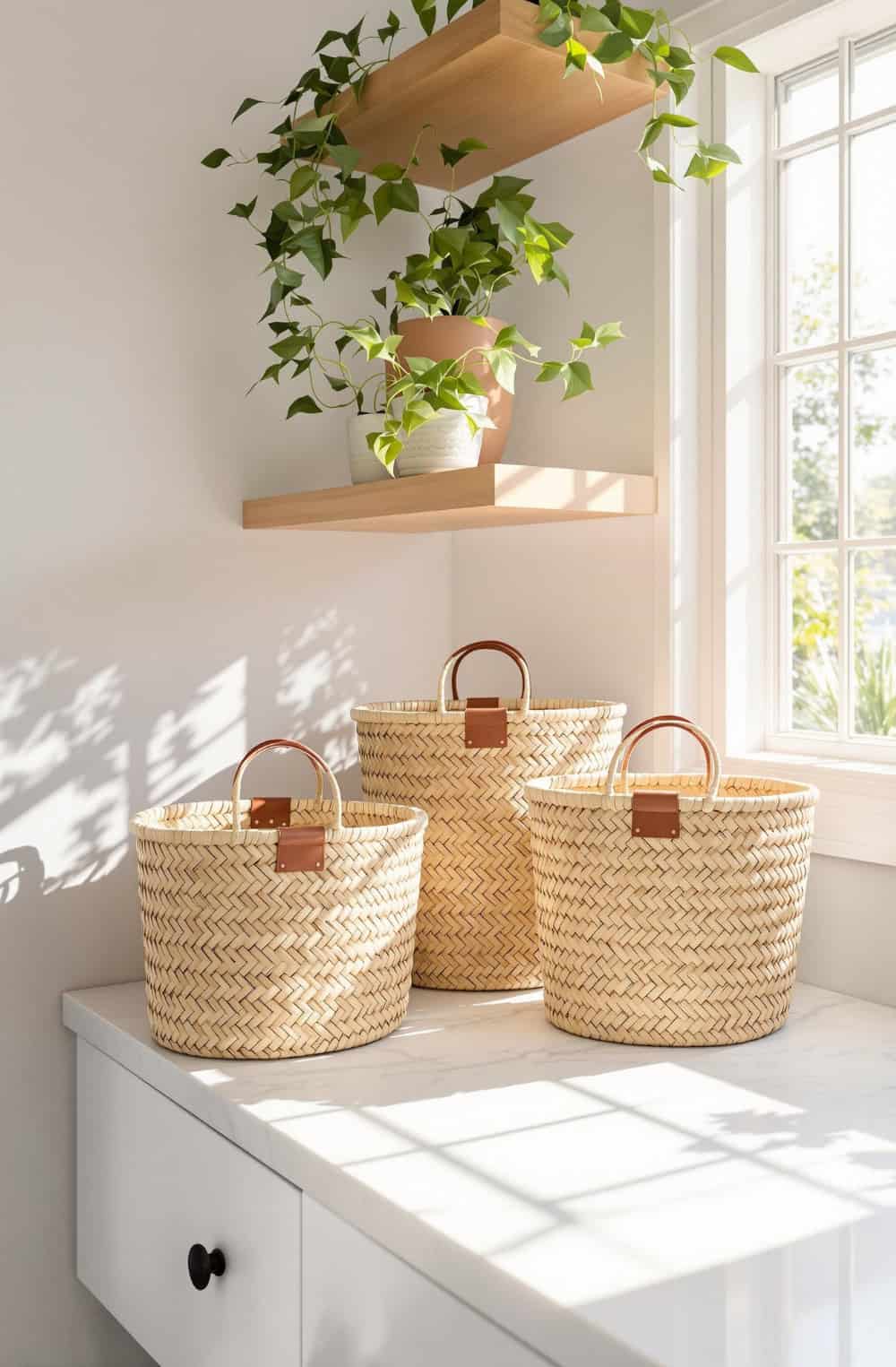 three baskets sitting on top of a white counter