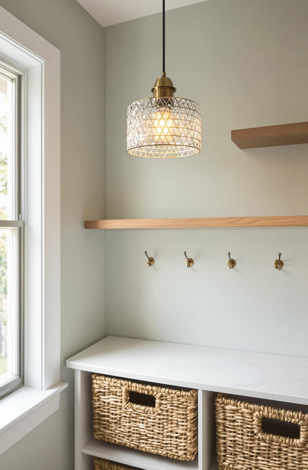 a white bench with baskets under a light fixture