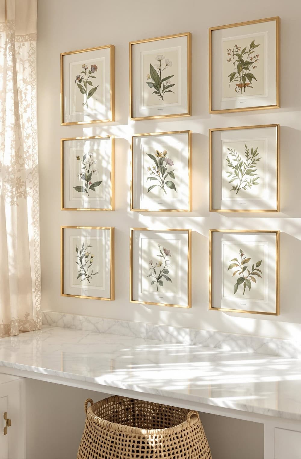 a white table topped with pictures and a basket
