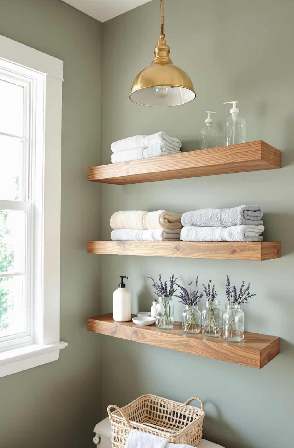 a bathroom with shelves and towels on the wall