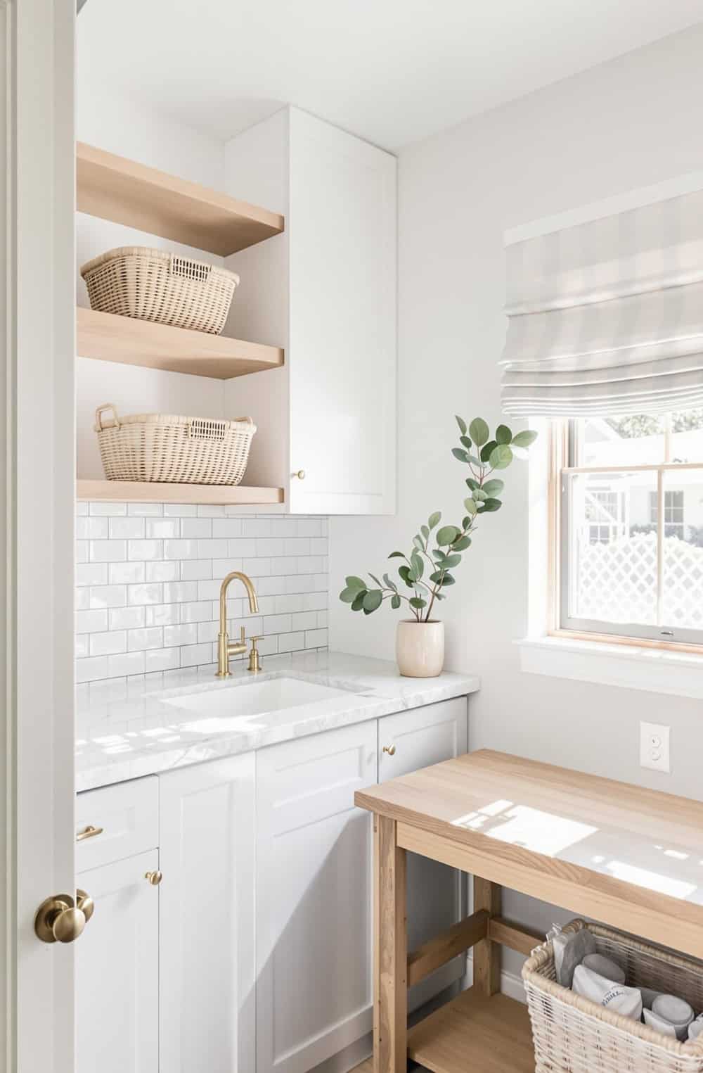 a kitchen with white cabinets and a wooden table