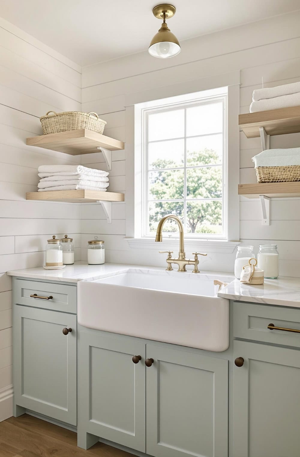a kitchen with a white sink and wooden shelves