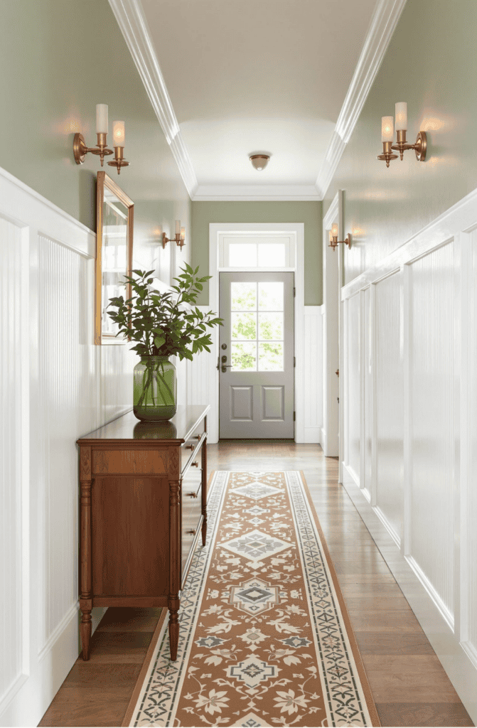 a hallway with a door and a rug on the floor