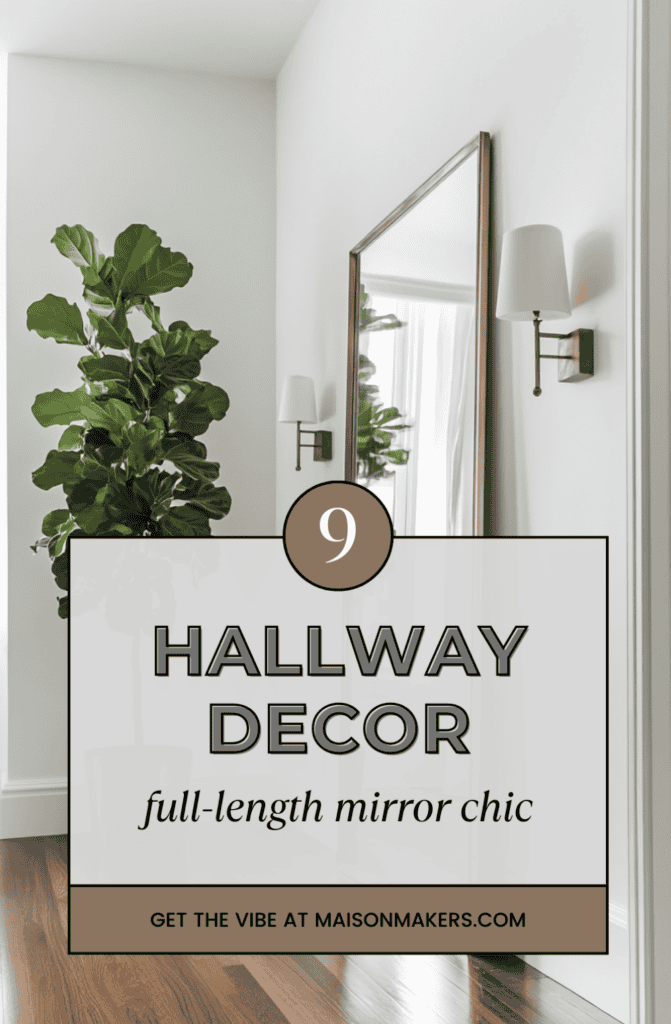 a hallway with a mirror and a potted plant