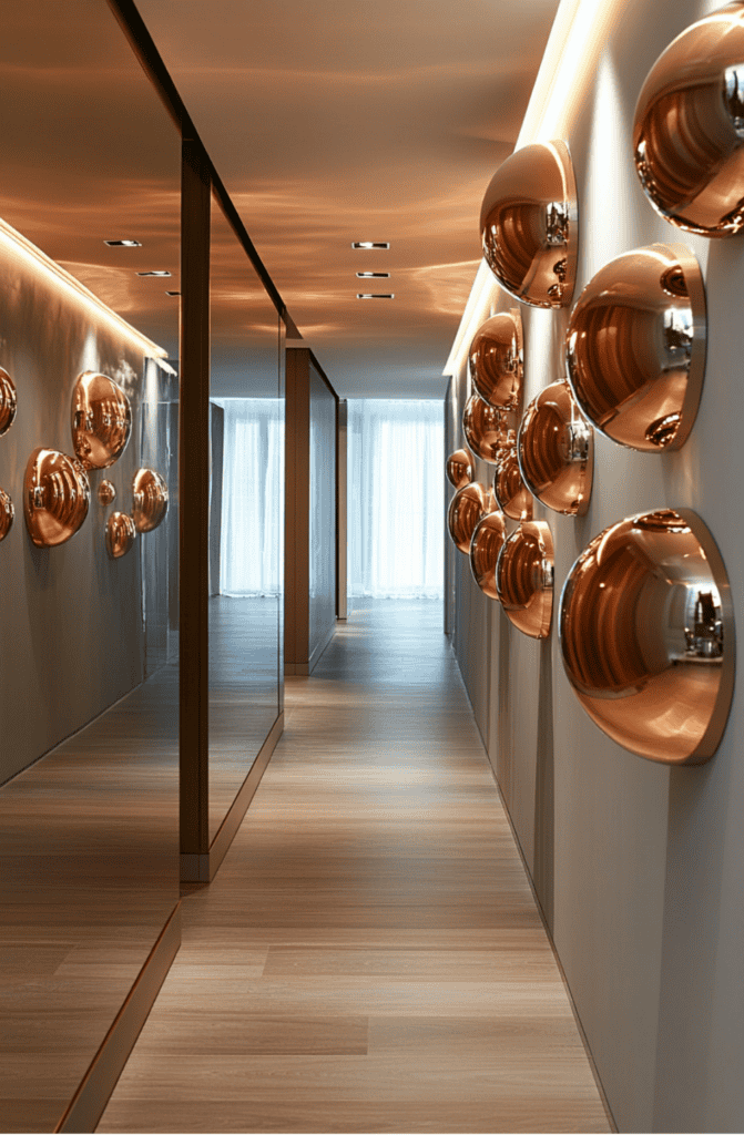 a long hallway with a bunch of shiny balls on the wall
