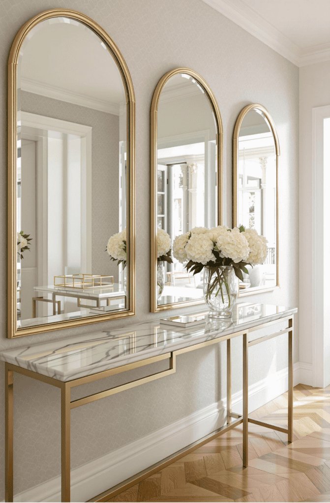 a table with three mirrors and a vase of flowers