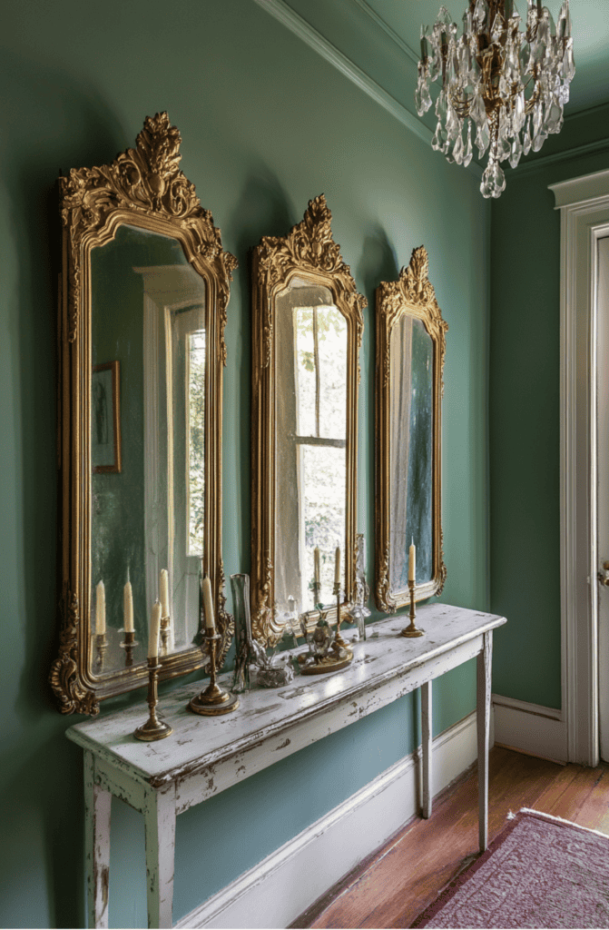 a table with three mirrors and a chandelier