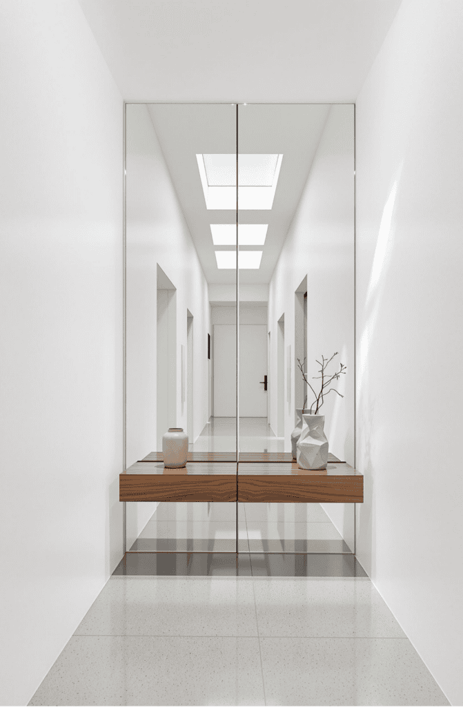 a white hallway with a wooden bench and mirror