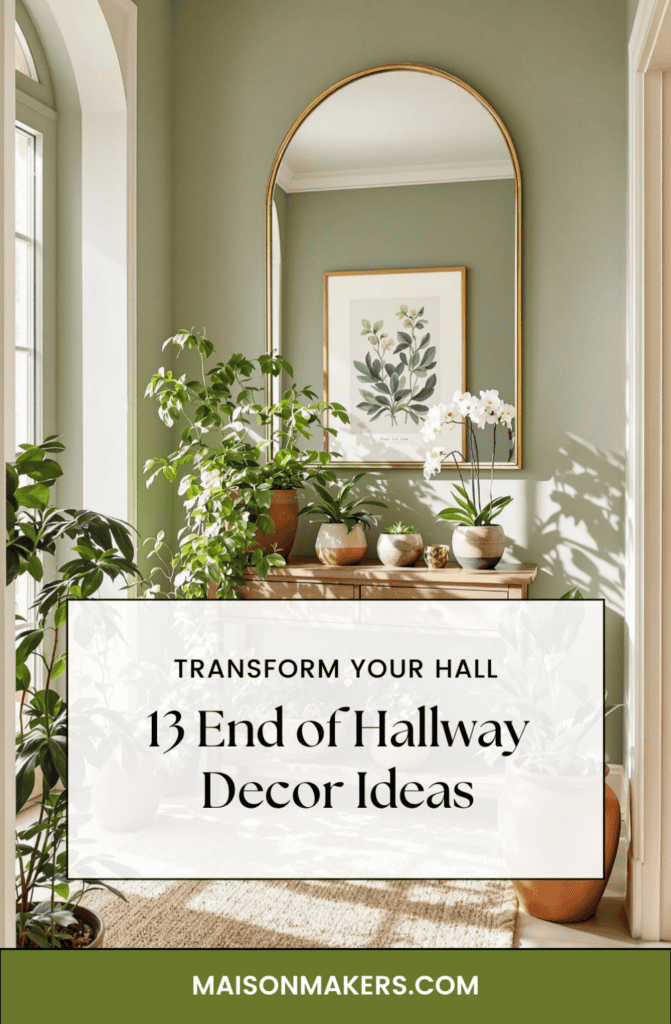 a hallway with plants and a mirror with the words transform your hall 13 end of