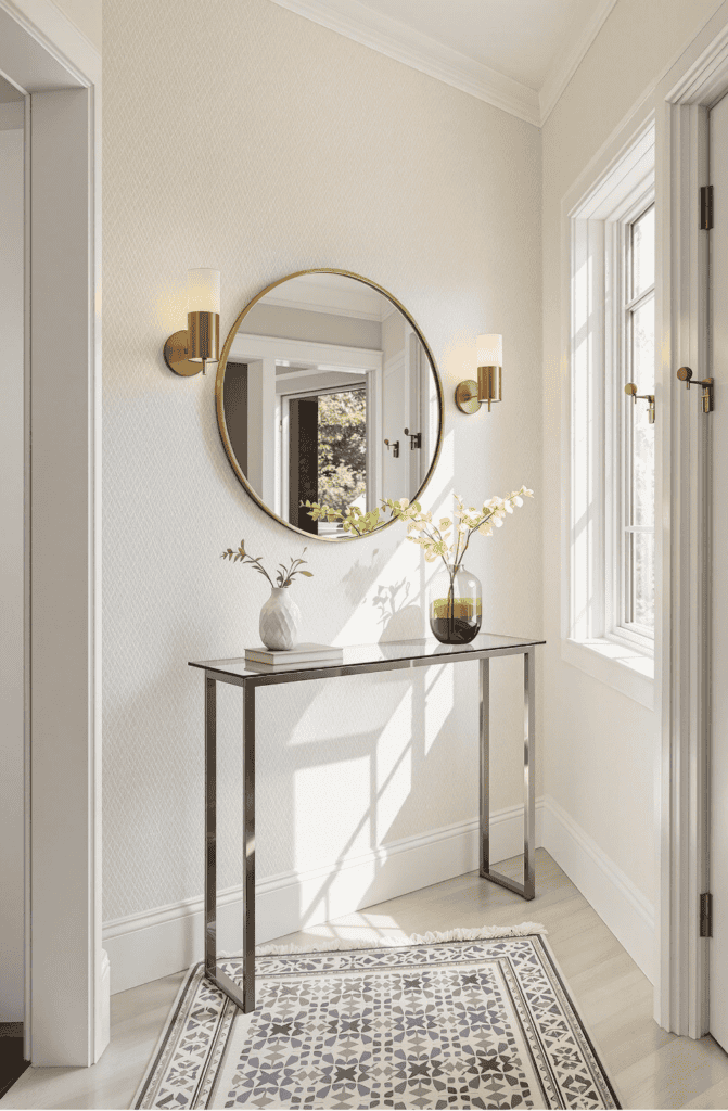 a hallway with a mirror, vase with flowers and a rug