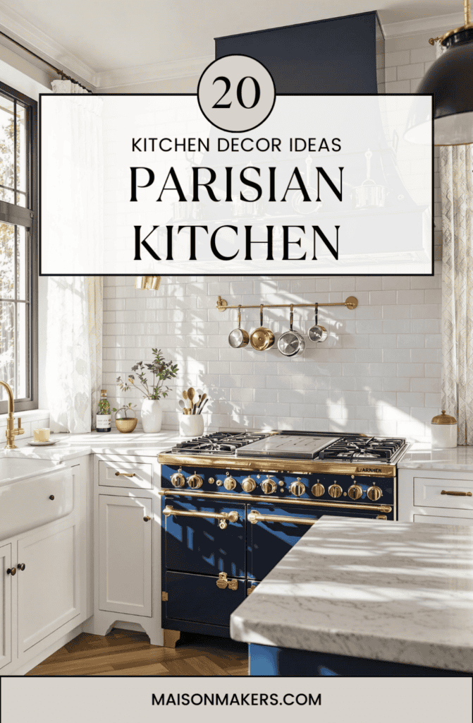 a kitchen with a blue stove and white cabinets