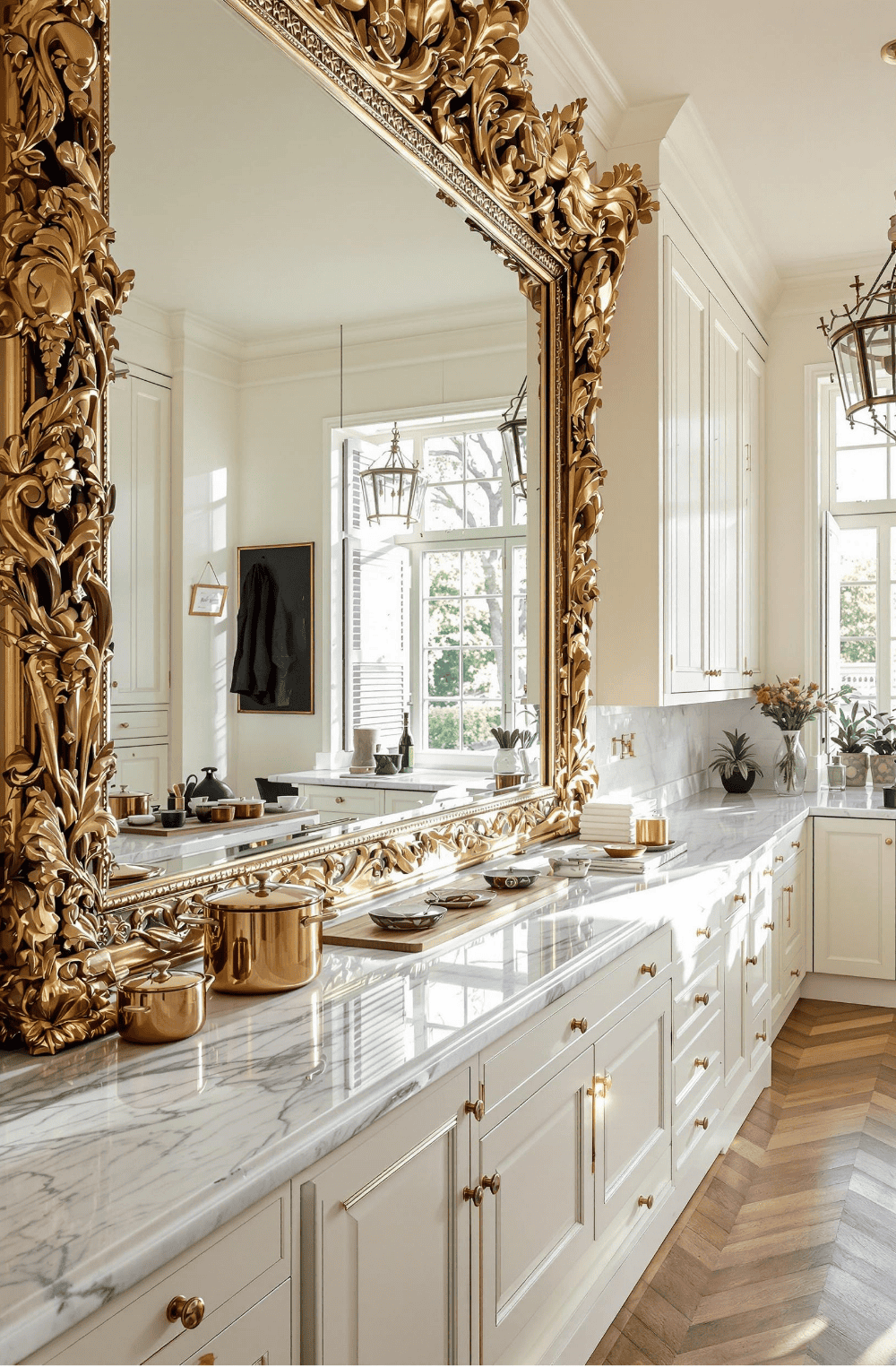 a large mirror sitting on top of a kitchen counter