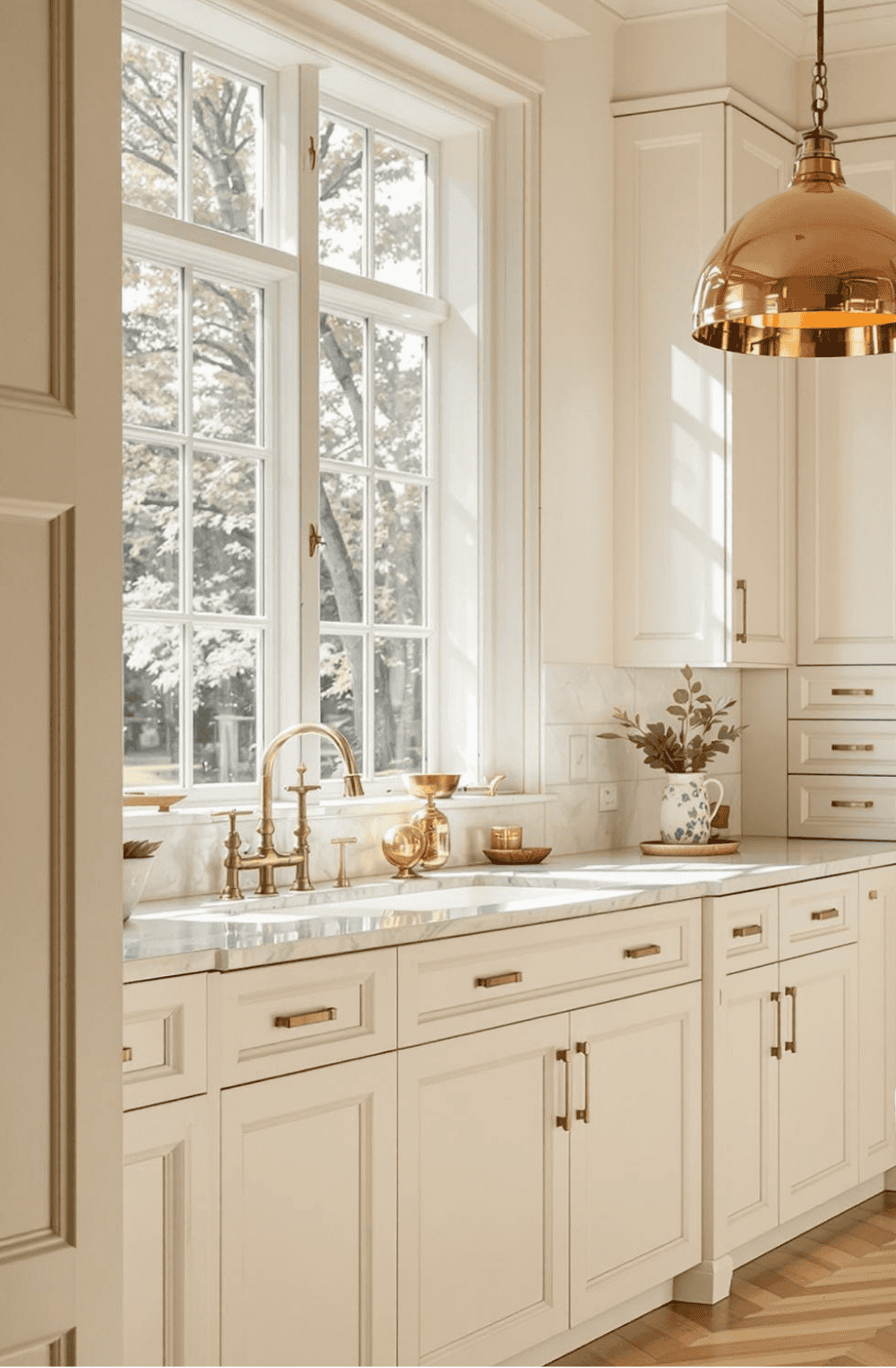 a kitchen with white cabinets and a large window