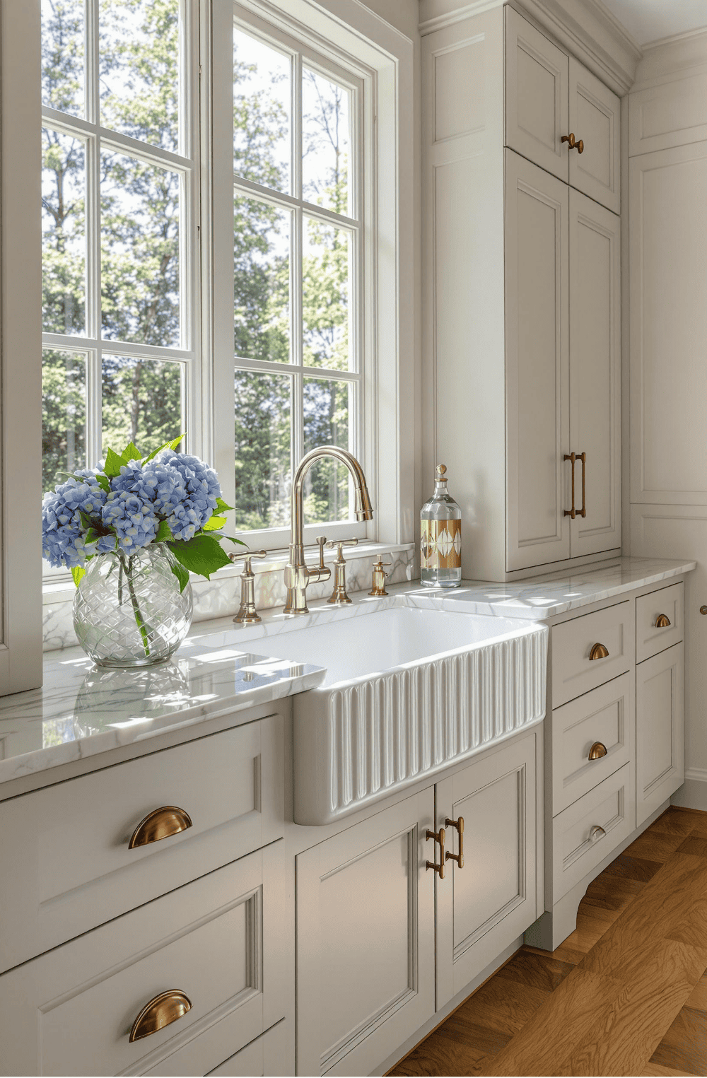 a kitchen with white cabinets and a large window