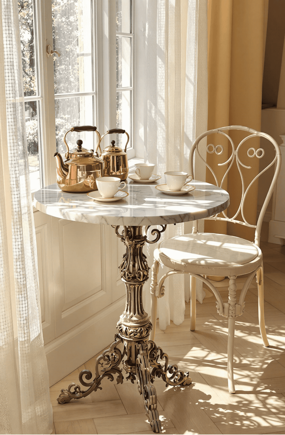 a table and chairs in a room with a window