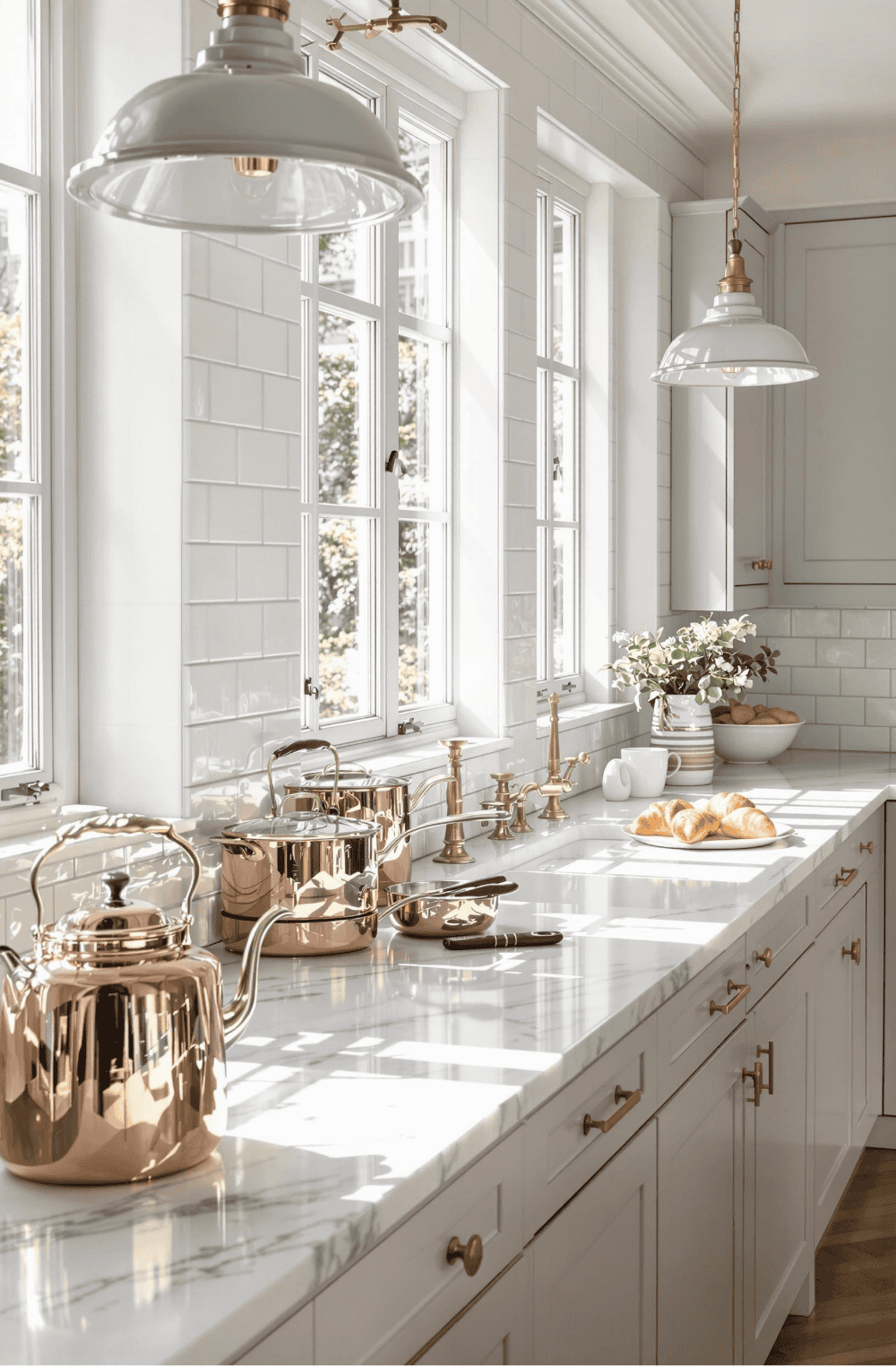 a kitchen with a large marble counter top