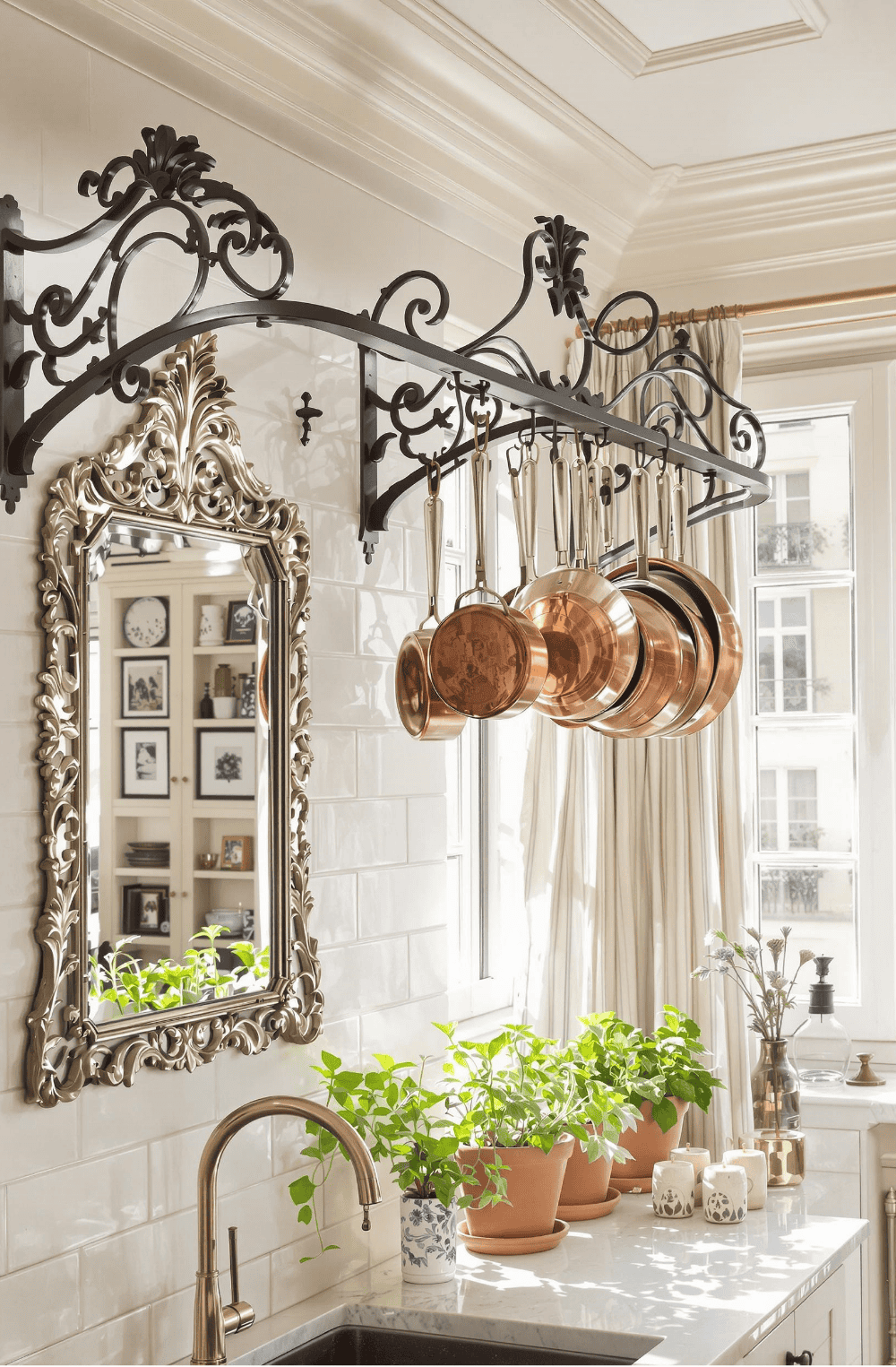 a kitchen with a sink and a pot rack