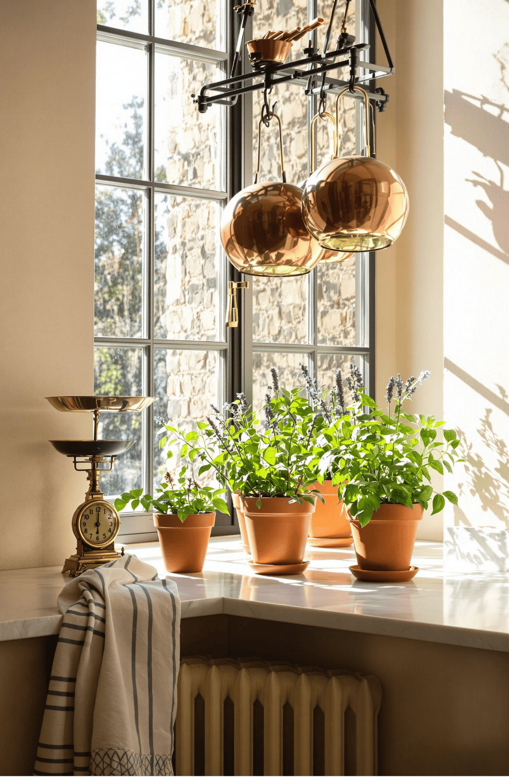 a kitchen window with potted plants on a counter
