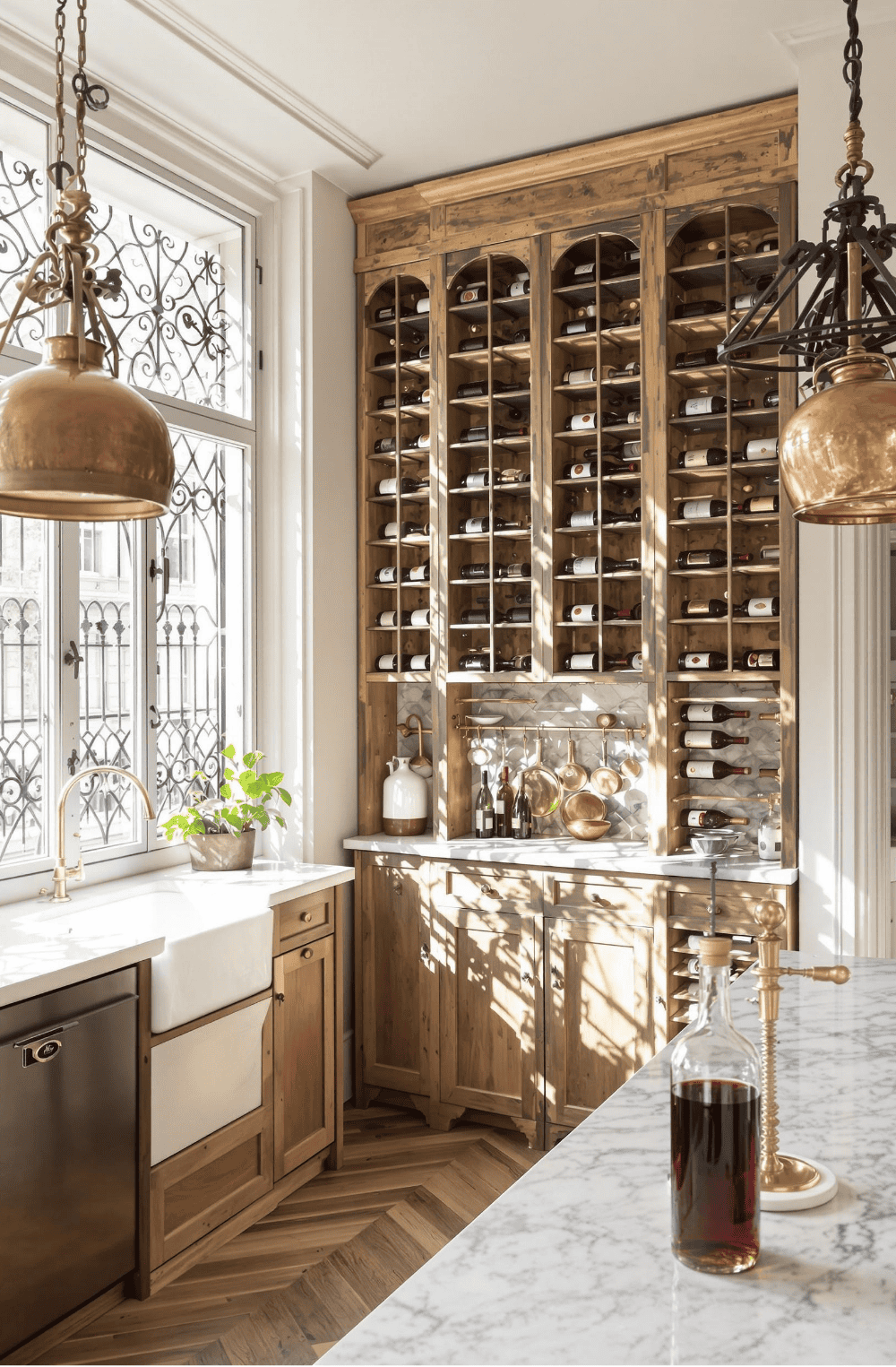 a kitchen with a marble counter top and wooden cabinets