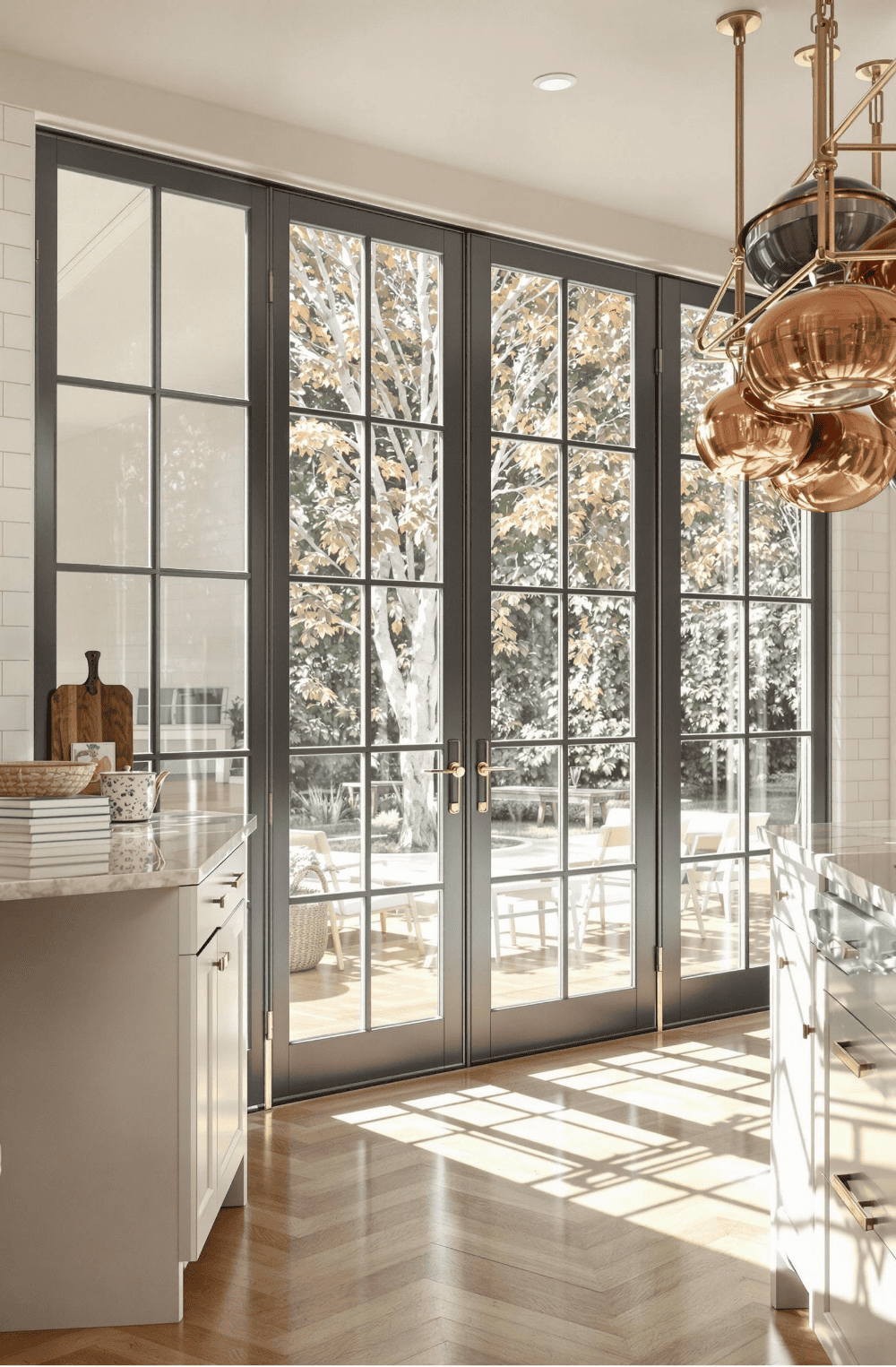 a kitchen with a large glass door and a chandelier